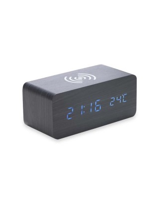 Relógio de madeira digital com carregador de indução personalizado - 04358