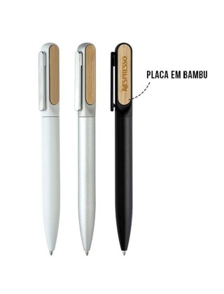 Caneta  de metal com detalhe em bambu Personalizada - CM0118